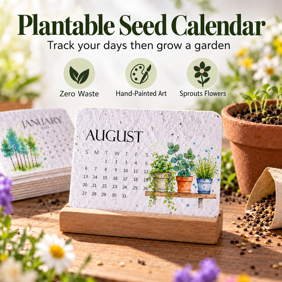 Plantable calendar page beside flowers
